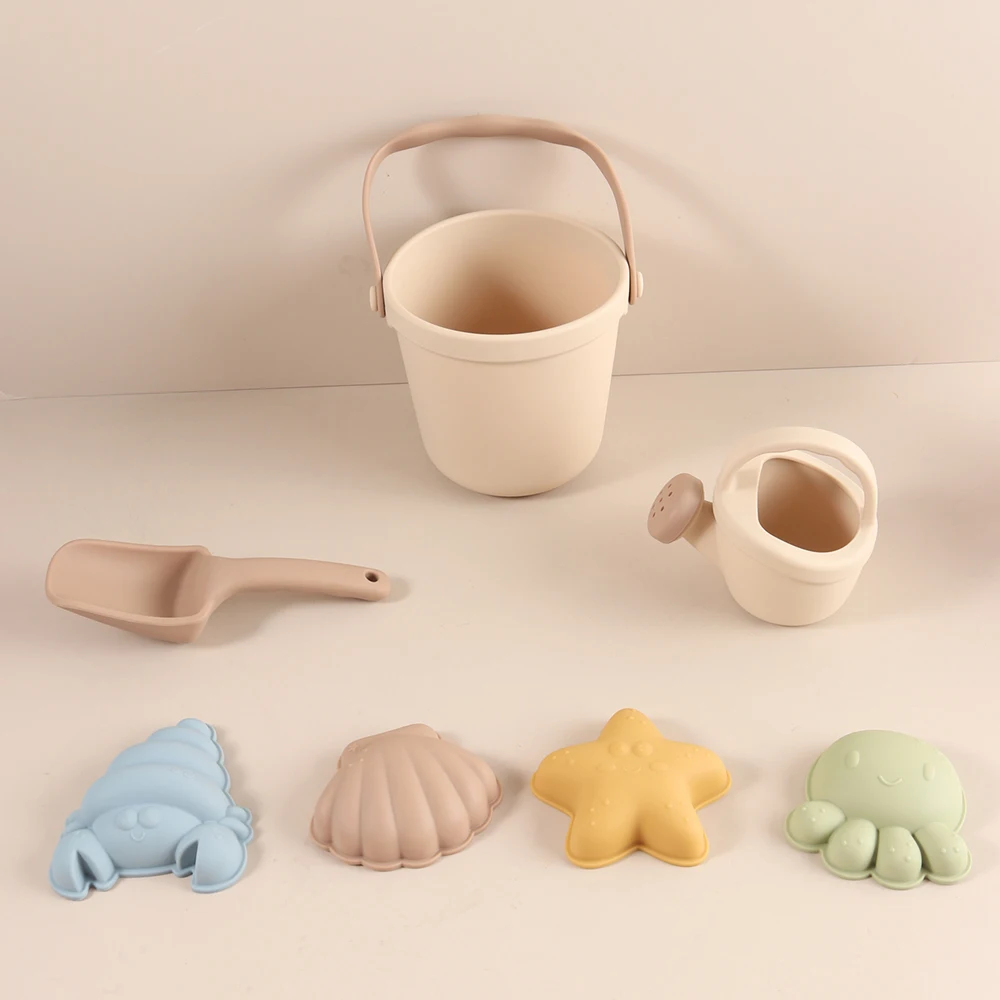 Kids Beach Bucket Set with Silicone Molds (Sea Star, Shell, Crab) Sand Castle Toys for Outdoor & Sensory Play