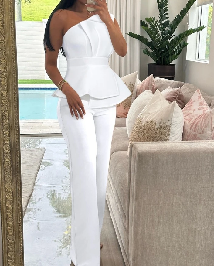 2024 Women's Elegant Commuting Two-piece Set One Shoulder Sleeveless Layered Ruched Top and High Waist Straight Leg Pants Set