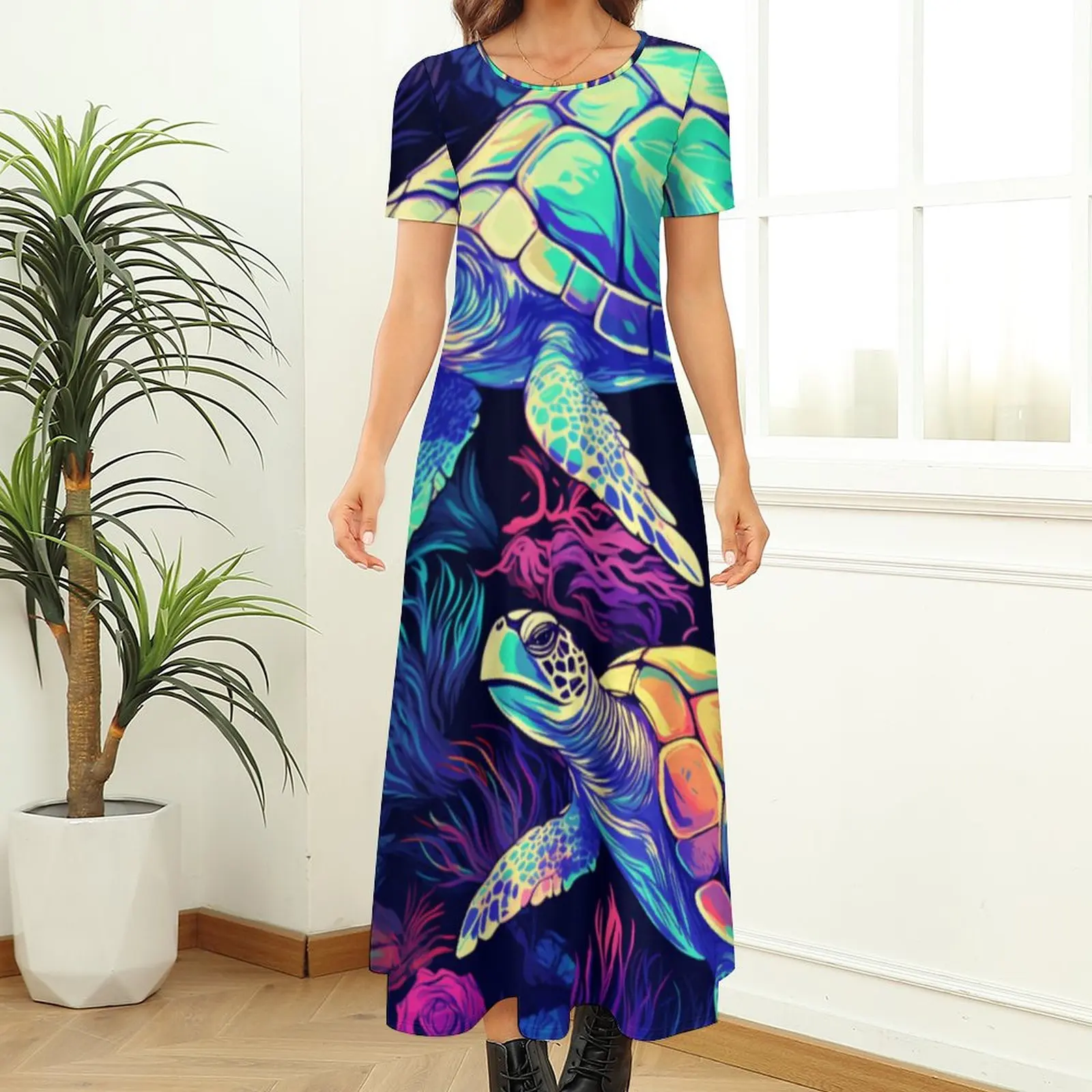 

Women's Sea Turtle Print O-Neck Long Dress Casual Elegant Short Sleeve High Waist Summer Party Daily Travel Maxi Wear