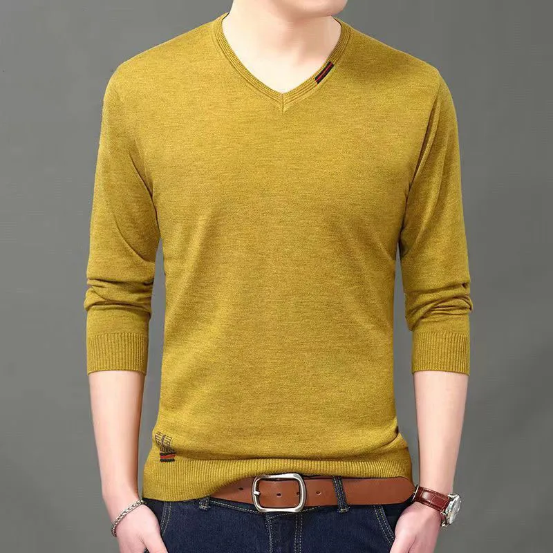 

Spring Autumn V-neck Knitted Long Sleeve Male Clothes All-match Casual Men's Social Shirt Free Shipping 2023 Top Men T Shirt