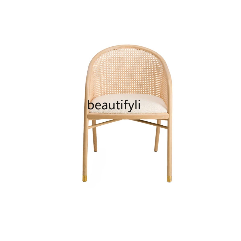 

Rattan Dining Chair with Backrest Household Small Apartment Leisure Desk Chair Designer Retro Ash Wood Rattan Chair