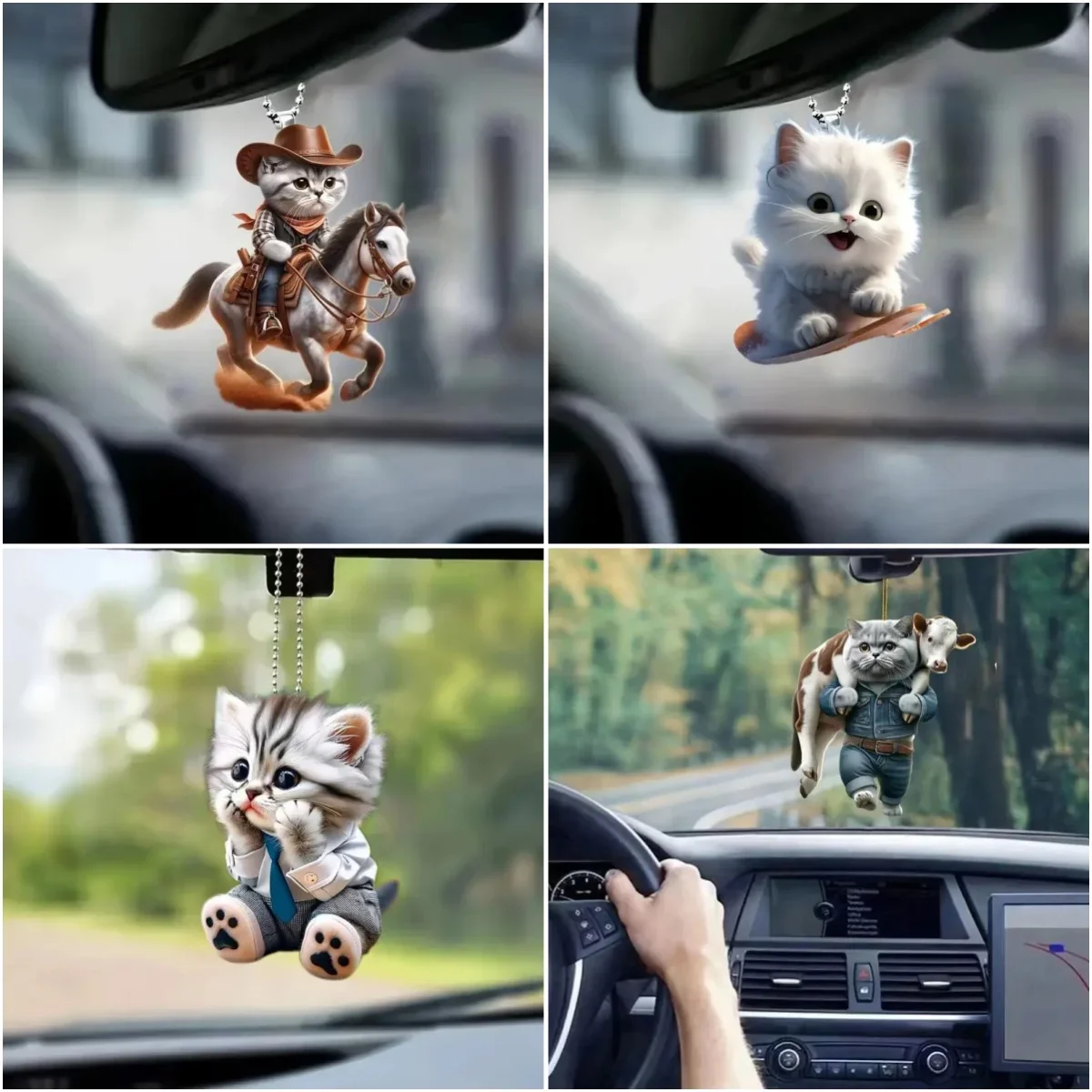 2D Car Pendant Hanging Ornament With Chain Realistic Animal Cat-Shaped Rearview Mirror Hanging Decor Car Interior Accessories