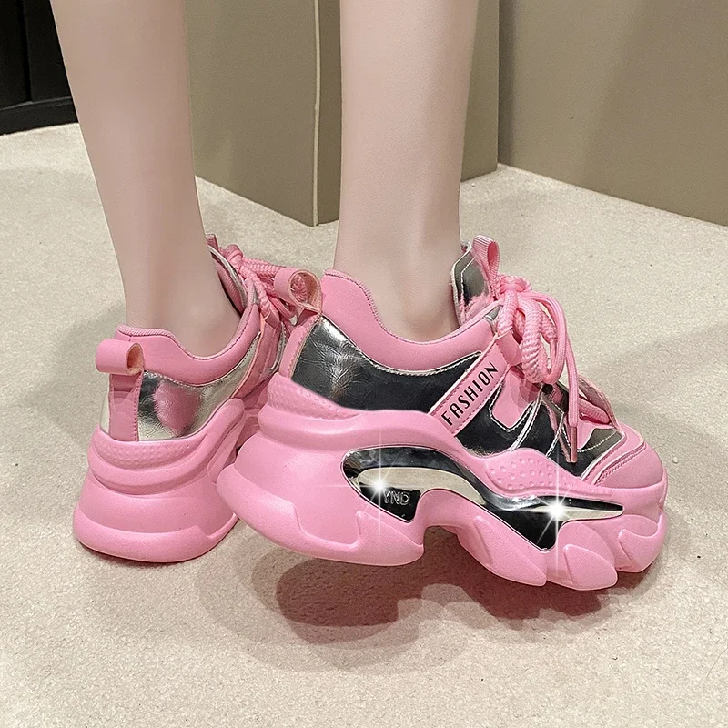 

6cm Leather Women Hidden Heels Ladies Chunky Sneakers Pink 2024 Autumn Thick Soled New Spring Platform Wedge Fashion Shoes