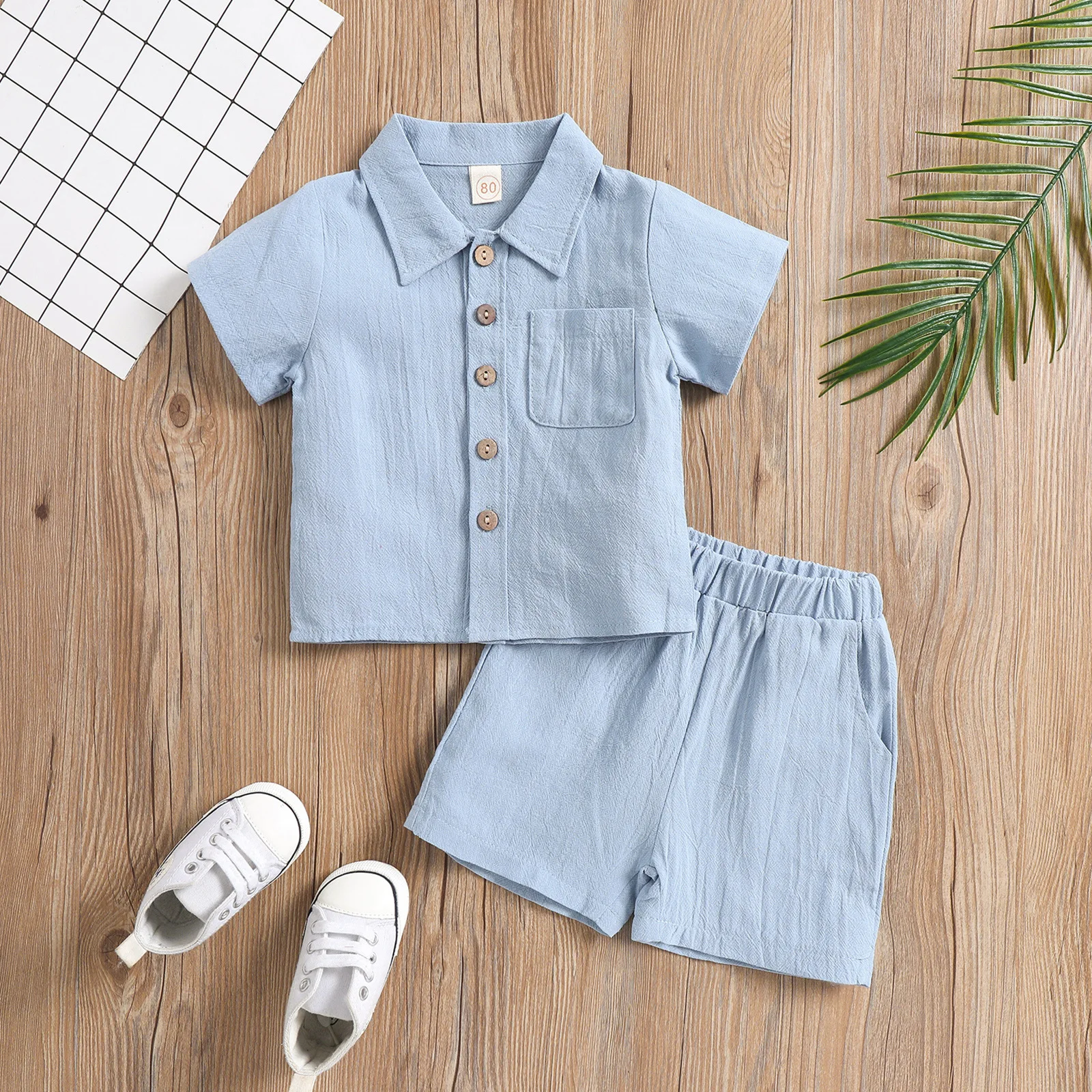thumbnail image 1 of Conjunto de ropa de playa de lino para niños, conjunto de 2 piezas, pantalones cortos, Polo, Color sólido, estilo informal, playa, boda, Verano, 1 of 5
