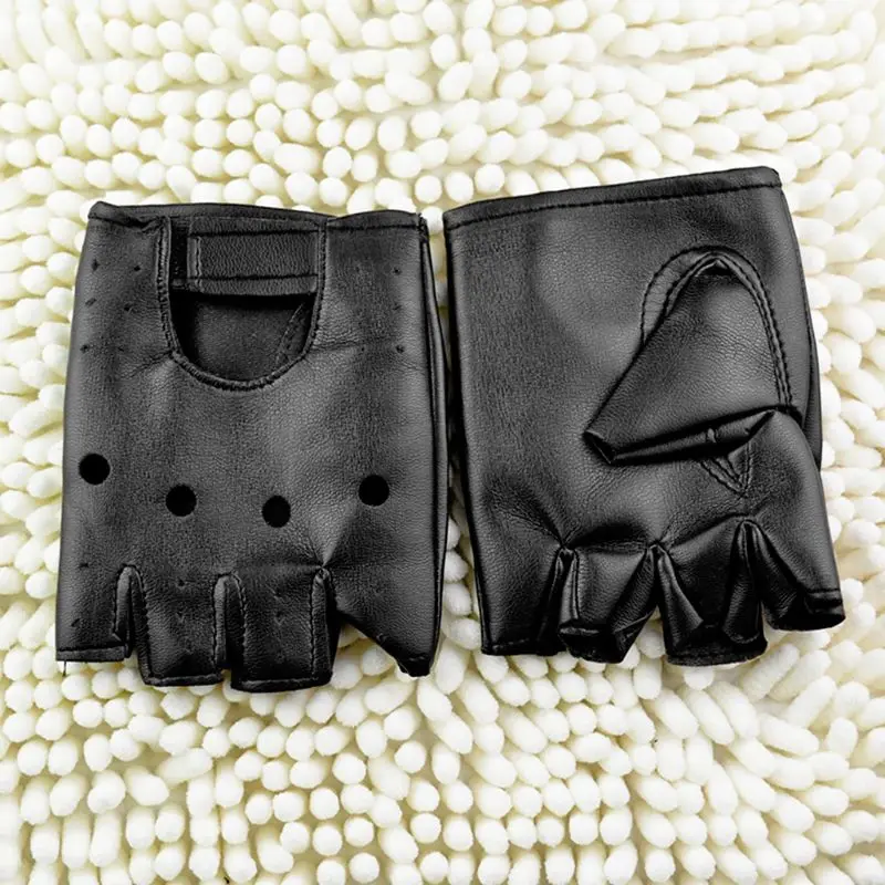 

New Black Half Finger Motorcycle Mittens Solid Color Faux Leather Gloves for Unisex