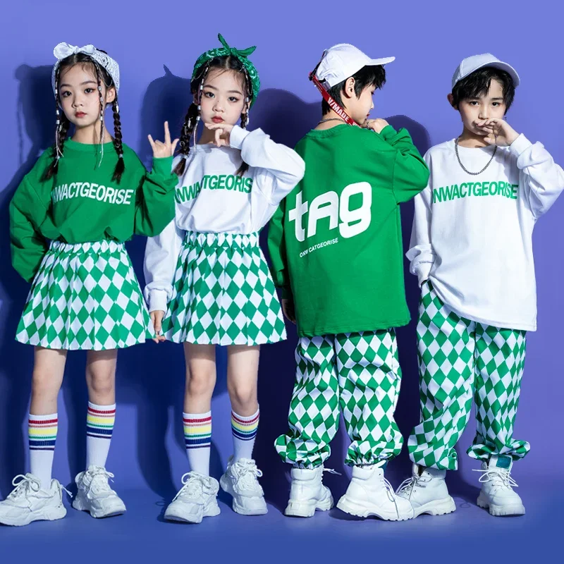 

Детские наряды для шоу в стиле хип-хоп, зеленая толстовка, топы, клетчатые брюки-Джоггеры для девочек и мальчиков, костюм для джазовых танцев, одежда