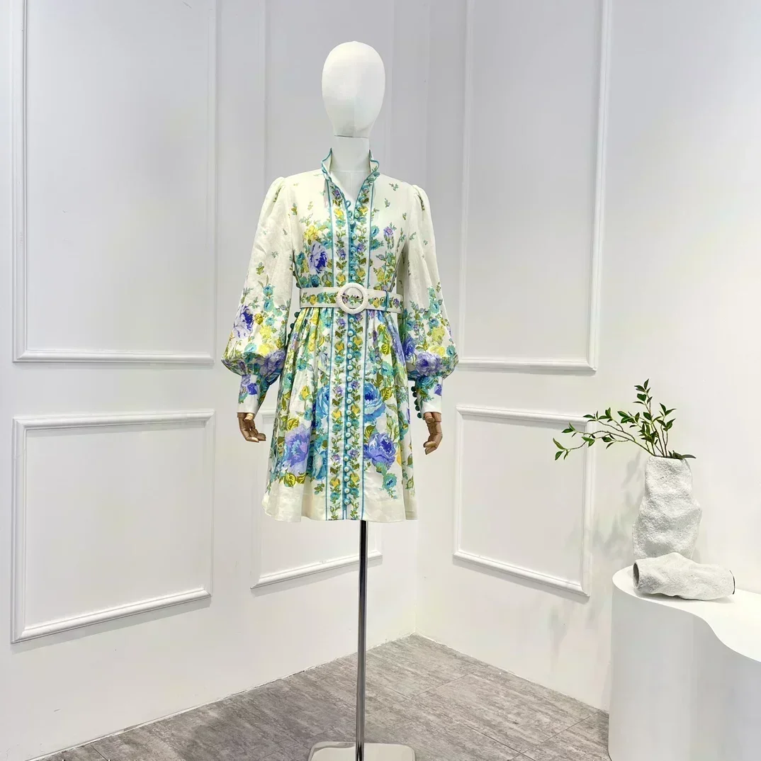 

Женское льняное мини-платье с поясом, голубое или фиолетовое платье с цветочным принтом и воротником-стойкой, весна-лето 2023