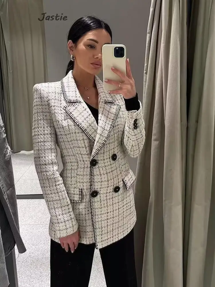 

Fashion Autumn Winter Plaid Blazer Woman 2023 Chic Elegant Fall Lady Jacket Suit Double Breasted Lapel Woman Tweed Coat Blezer