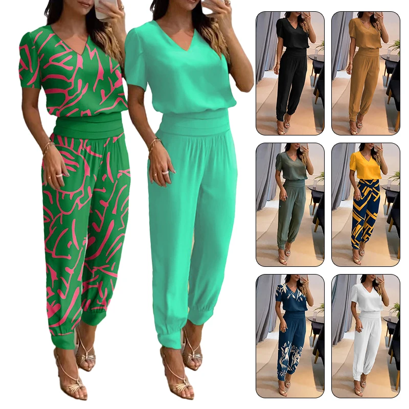 Green Summer Comfort Pants + V-neck Short Sleeve Tshirt Two Piece Set Women Casual Elastic Waist Harlan Pants Fashion Suit Women