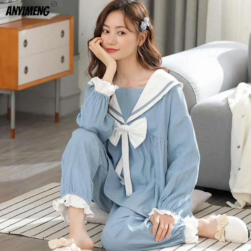 

Women's Pajamas Princess Style Cotton Spring Fall Navy Collar Pyjamas Asian Size Bow Sky Blue Kawaii Pajamas Korean Youth Pj Set