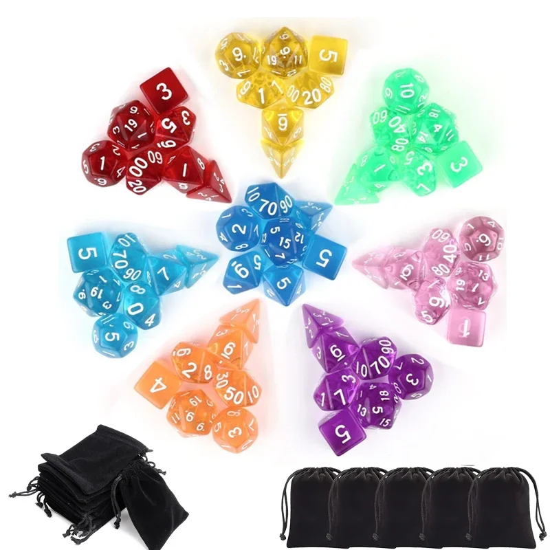 DND Dice Set D4-D20 Transparent Polyhedral Effect Pouch 105/70/49/35/21/7Pcs DND RPG Role Playing Table Board Games