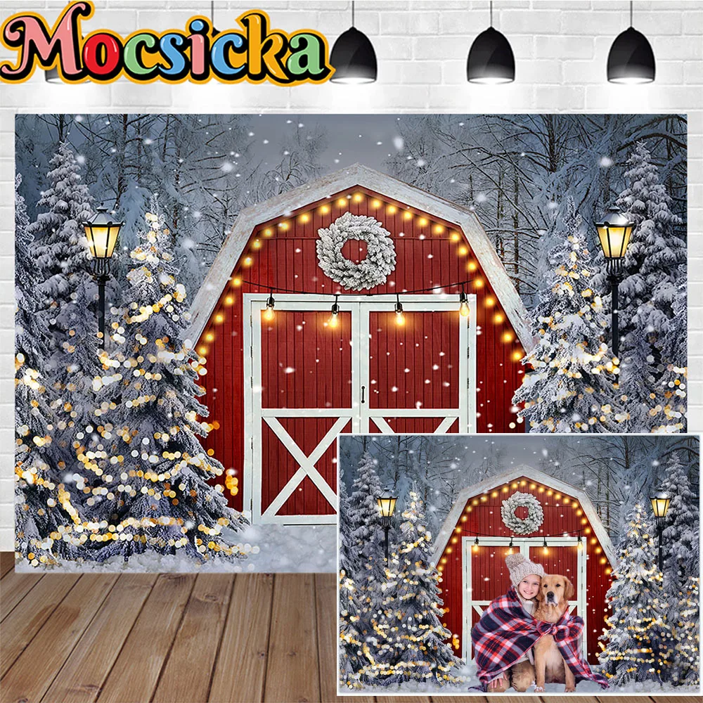 

Christmas Night Red Barn Door Decor Background Giltter Xmas Tree Snow Photography Backdrop Winter Studio Photoshoot Props Booth
