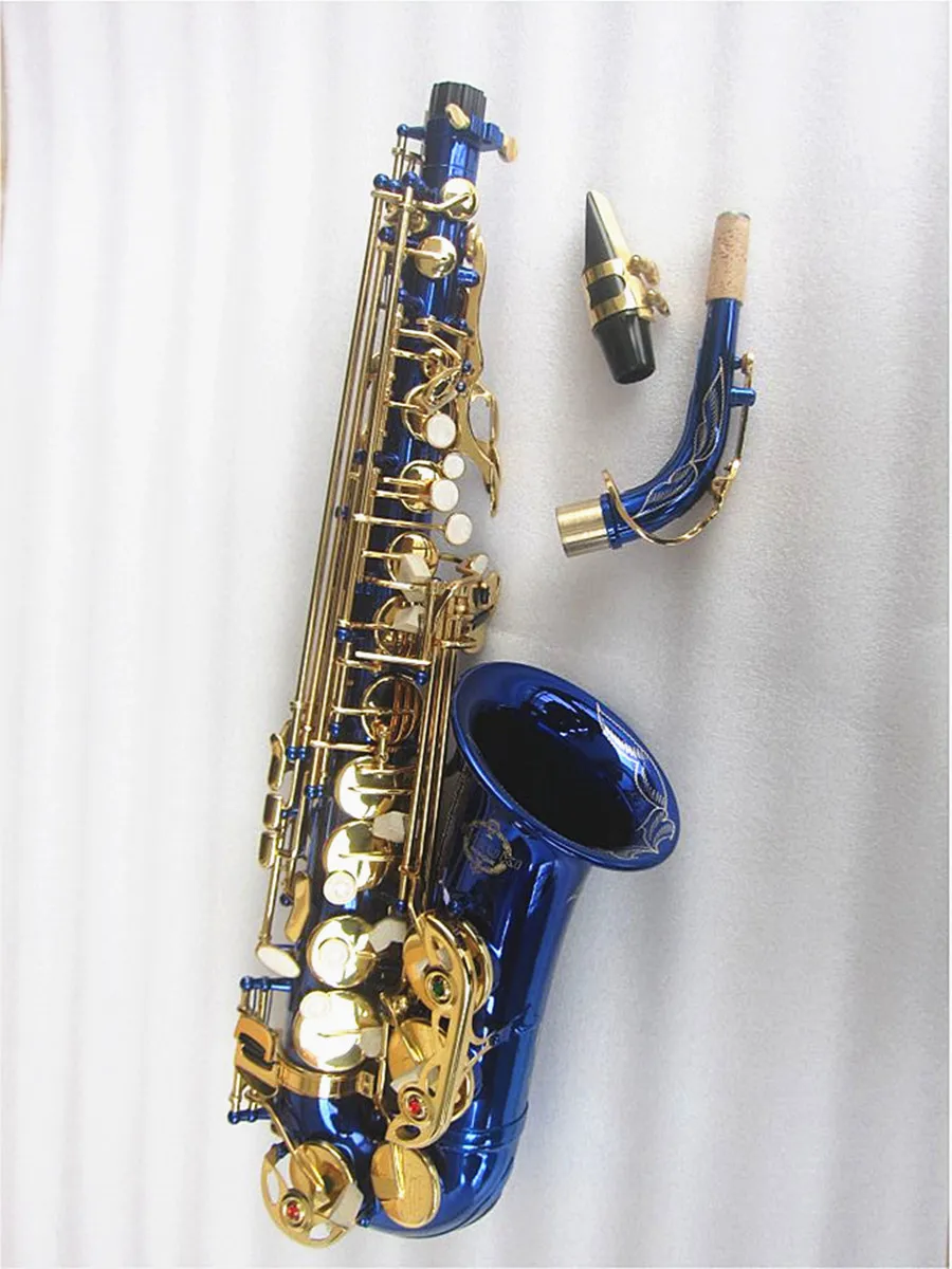 New Alto Saxophone Eb brass Unique Blue gold key Carved Surface E Flat Instrument Sax With Case