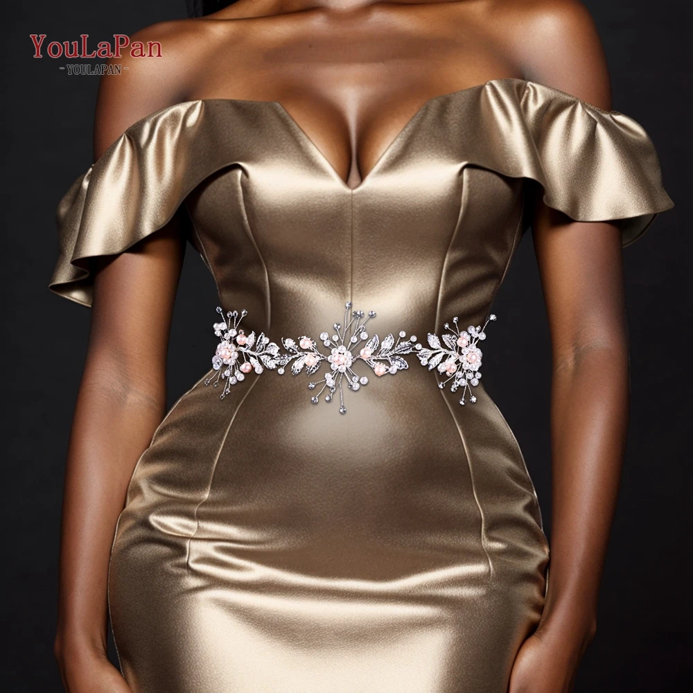 YouLaPan Rhinestone Belt for Dress Alloy Leaves Bridal Wedding Waist Accessories Handmade Beaded Flower Woman Belts SH323