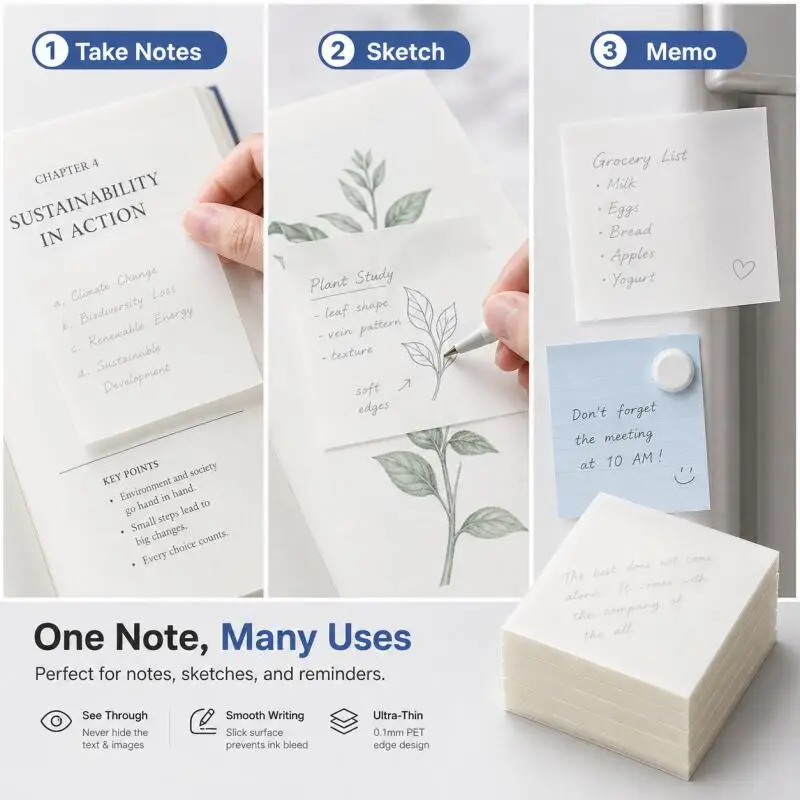 150 Fogli di Note Adesive Trasparenti, Blocchetti Memo Trasparenti per Libri, Agende, Studio, Disegno e Ufficio - immagine 6