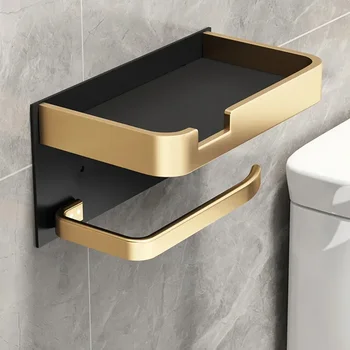 Noir or porte-papier hygiénique salle de bain montage mural multifonction WC papier support pour téléphone étagère serviette rouleau étagère accessoires 1
