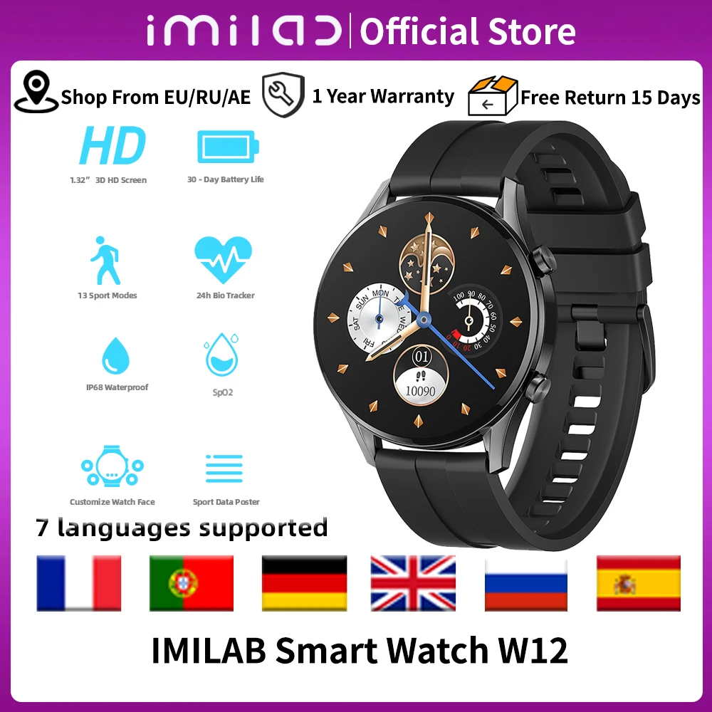 IMILAB-reloj inteligente W12 para hombre y mujer, dispositivo con pantalla TFT de 1,32 pulgadas, Bluetooth, rastreador de actividad deportiva, Sensor de ritmo cardíaco, pulsera Bio 24h
