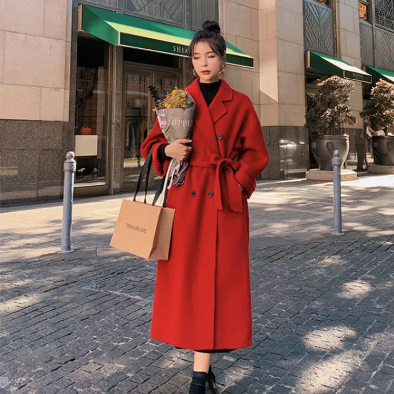 Red Fashionable Woolen Coat Women's Autumn and Winter 2024 Temperament Mid-length Thick Woolen Long-sleeved Women's Jacket Trend