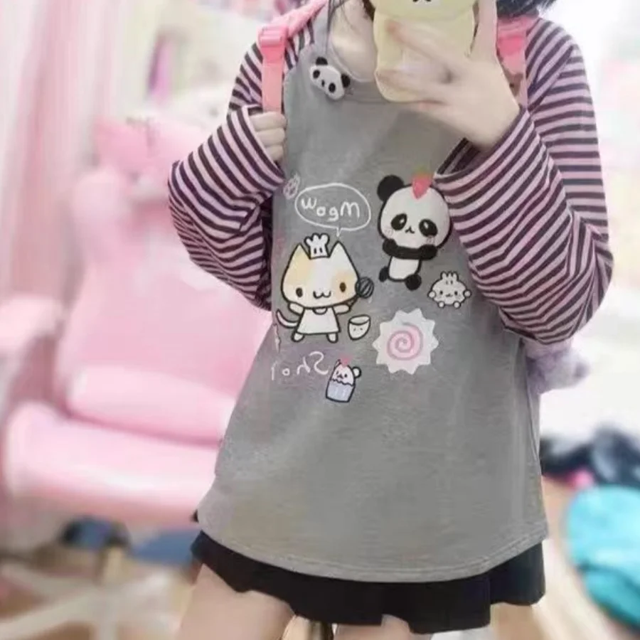Cartoon Print Cute Girl's Casual Tops & Tees New Matching Sweet Female T-shirts Y2K Youth Women's Blouses Kawaii Cotton T-shirts 5