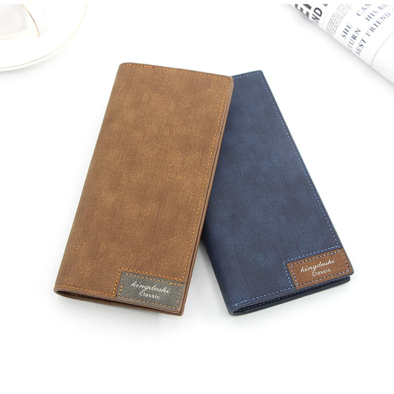 Korean new men's wallet pu leather long frosted leather wallet fashion thin long bag splicing multi clip men's wallet