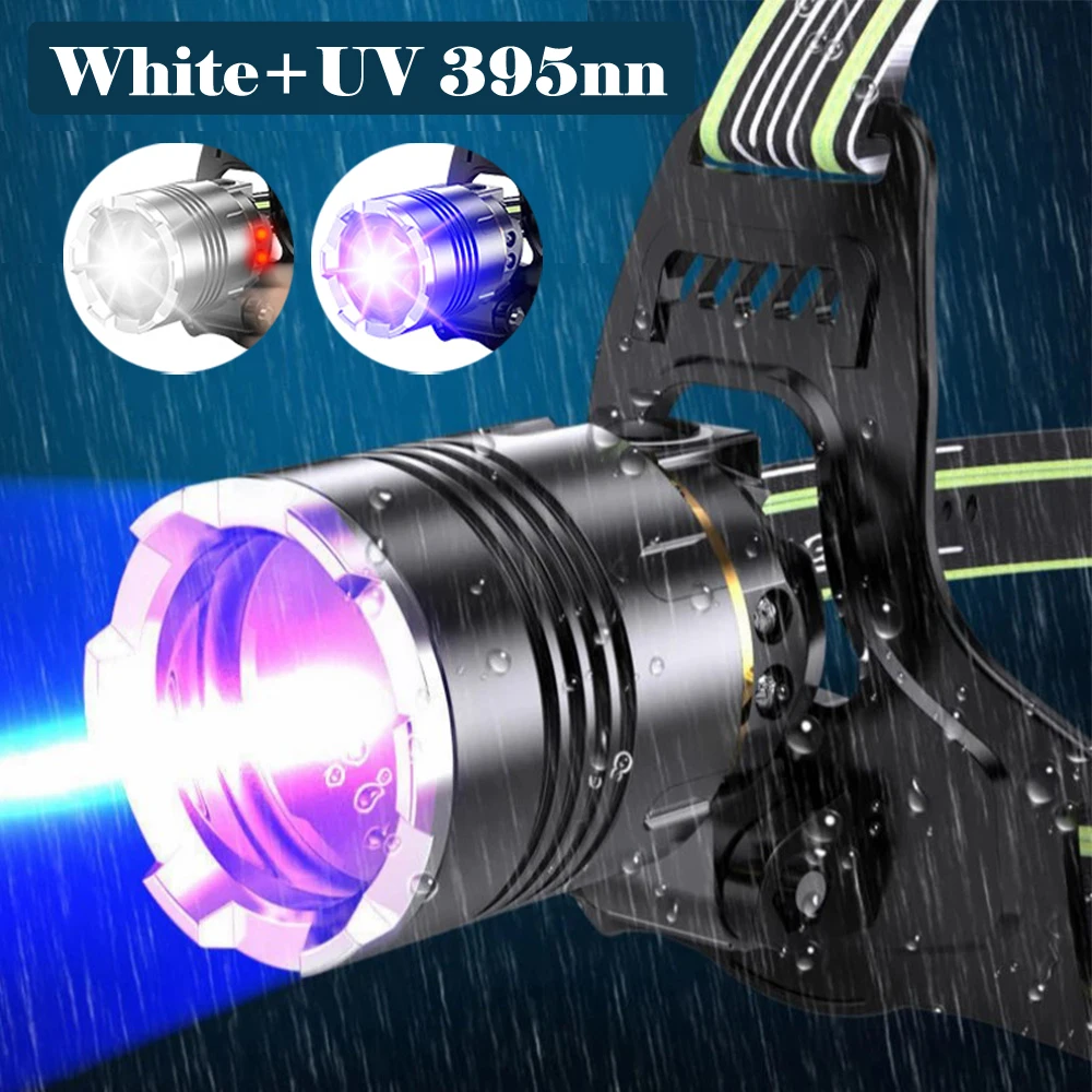 WhiteZoomableUV395nmDualLightSourceHeadlightUSBRechargeableHeadlampMotionSensor