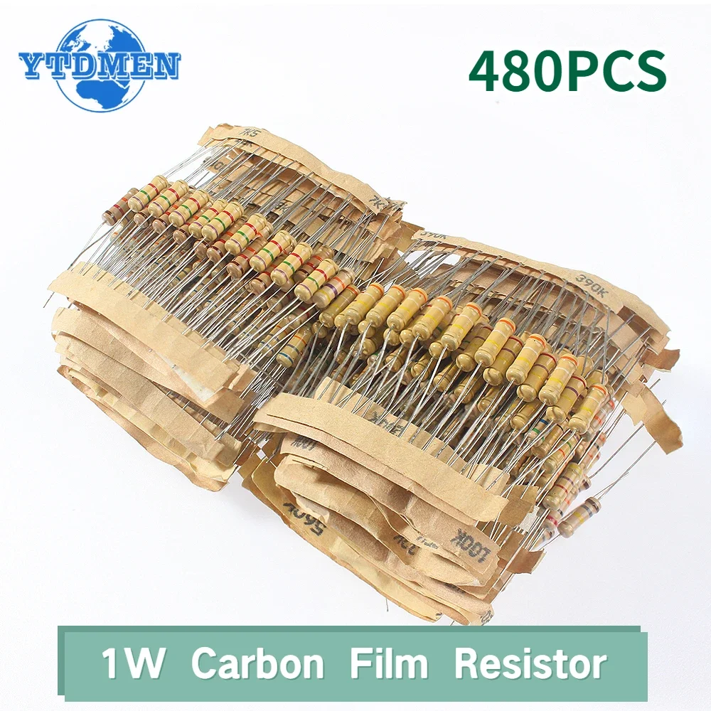 480PCS 48Values Resistor Kit 1K ~2M Ω with 5% 1W Carbon Film Resistors Assortment Electronic Color Ring Resistance Assorted Kit