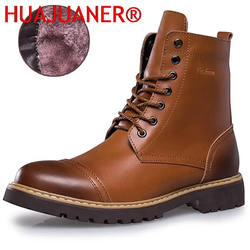 Genuine Leather Men\'s Boots Plush Warm Winter Boots High Quality Men Motorcycle Boots Fashion Tooling Shoes