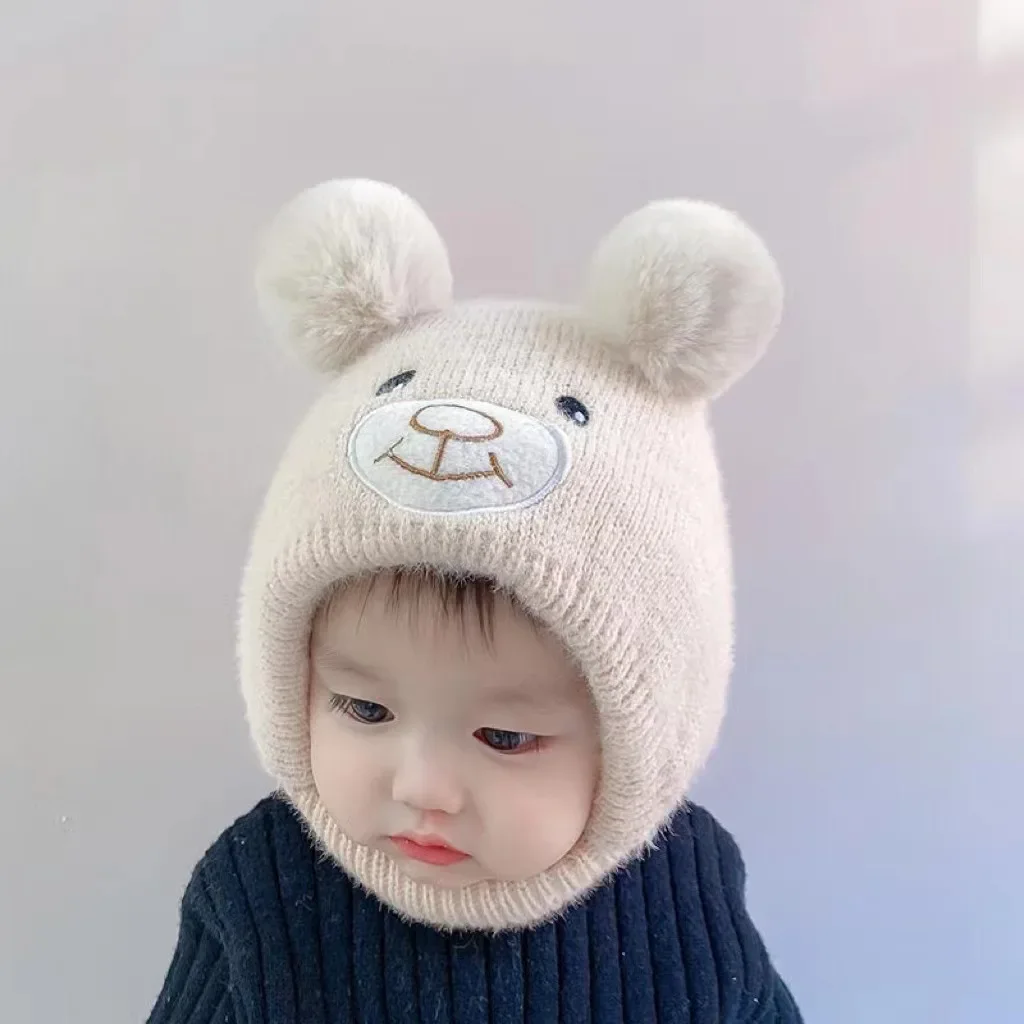 Pompoms Cartoon Outdoor Knit Wool Bomber Hats Baby Autumn Winter Thick Warm Hats Caps for Newborn Infant Toddler