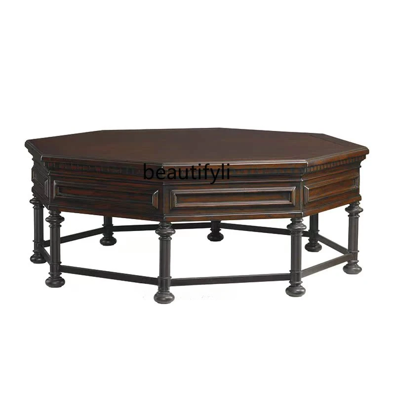 

American Country Solid Wood Octagonal Coffee Table French Living Room Square Tea Table Nordic Multi-Edge Low Table