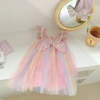 Summer Girls' Princess Party Birthday Dress Back Bow Wings Fairy Strap Embroidered Butterfly Mesh Dress Rainbow Baby Clothes 2