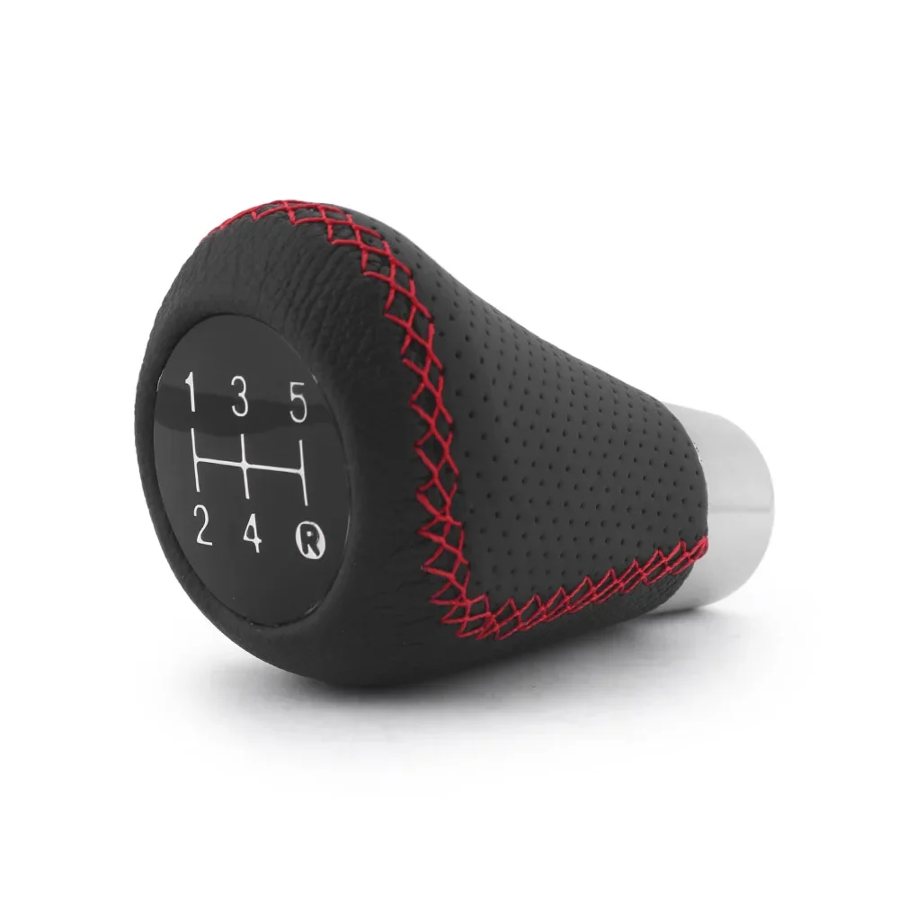 Universal 5-Speed Manual Gear Shift Knob with Red Stitch Leather Car Gear Stick Lever for Manual Transmission - M8 M10 M11 M12
