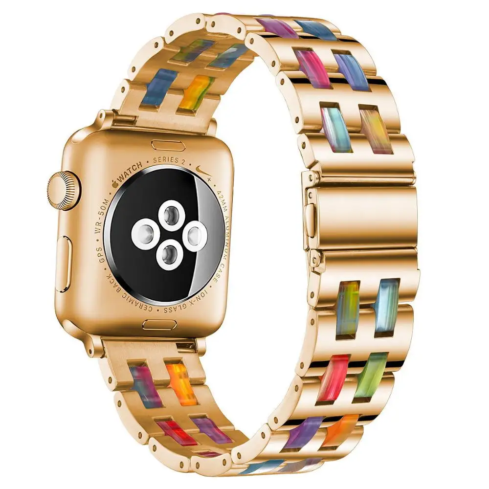 Luxury Resin Strap For Apple Watch Band 40mm 44mm 42mm Bracelet Stainless Steel Belt For iWatch 8 7 45mm 41mm iWatch 6 5 4 3 SE