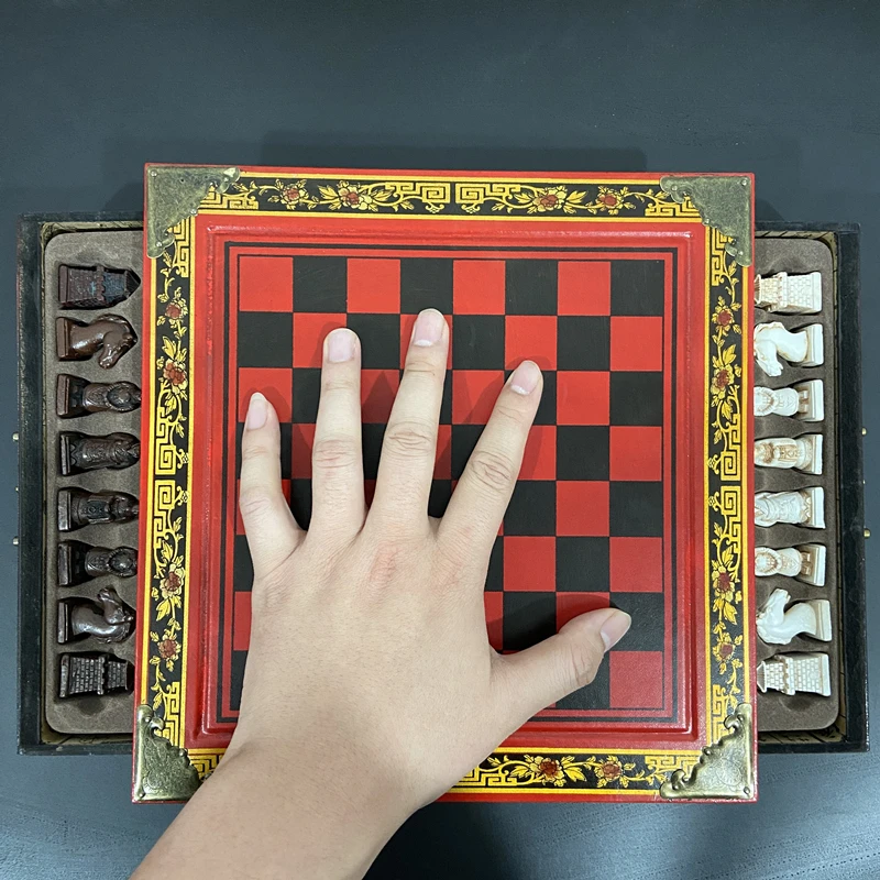 Antique three-dimensional chess Terracotta Army pieces high-grade vintage wooden table chess 26*26Cm/10.24*10.24in