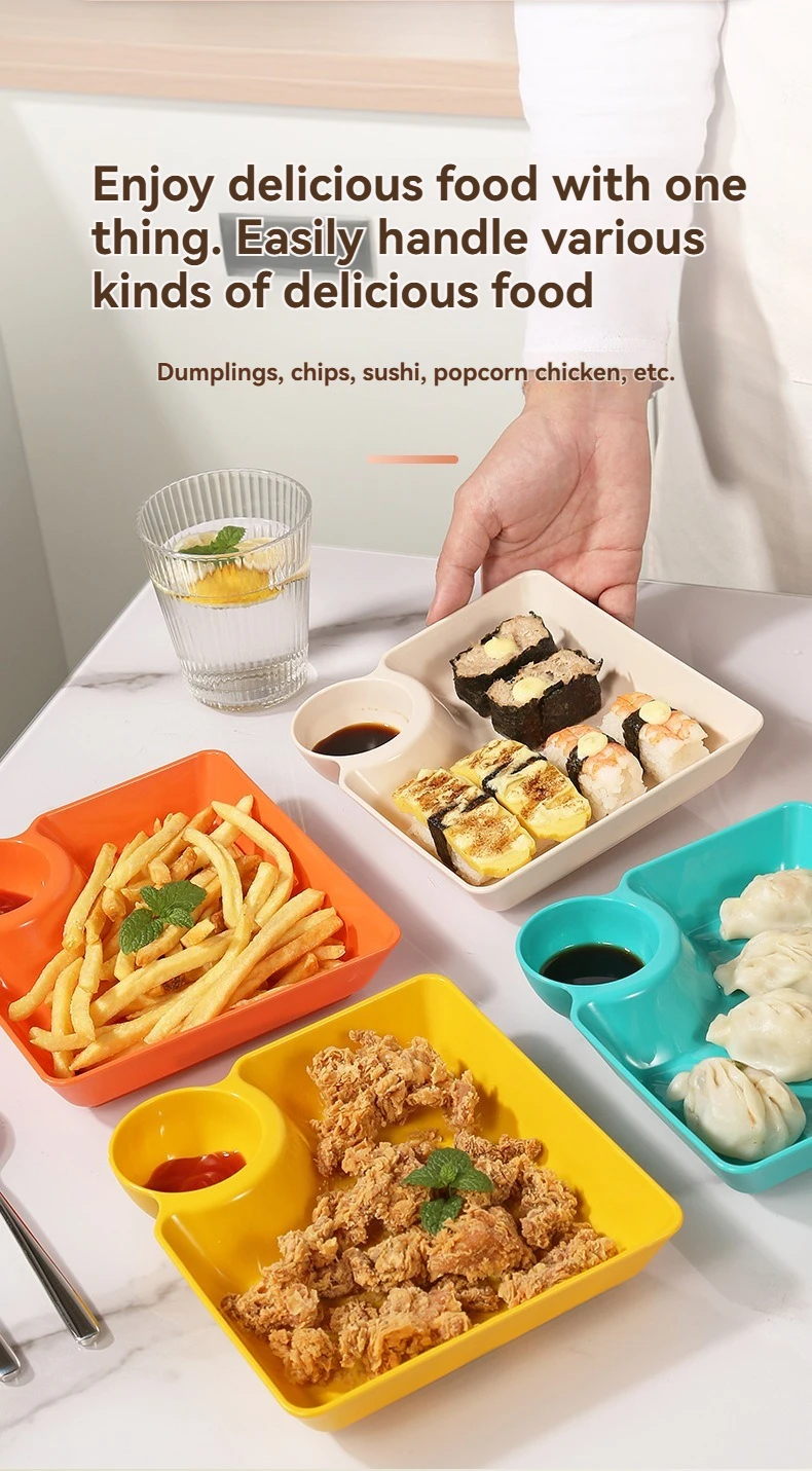Square plastic dumpling plate with built-in sauce compartment.