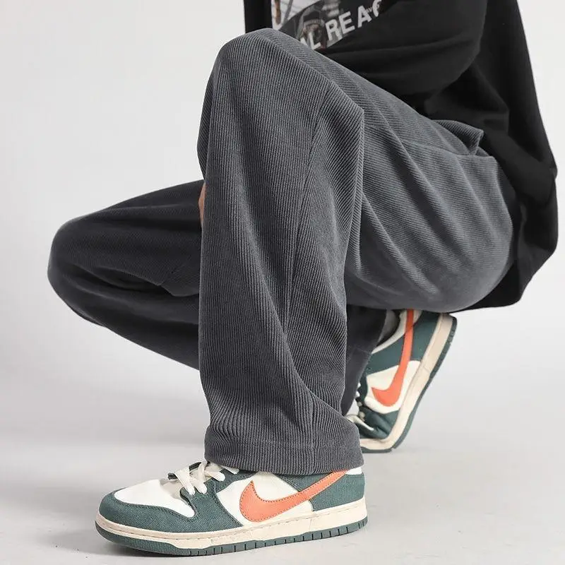 2023 Autumn Winter New Corduroy Fleece Straight Leg Casual Pants Men Solid Waist Drawstring Pocket Loose Versatile Warm Trousers