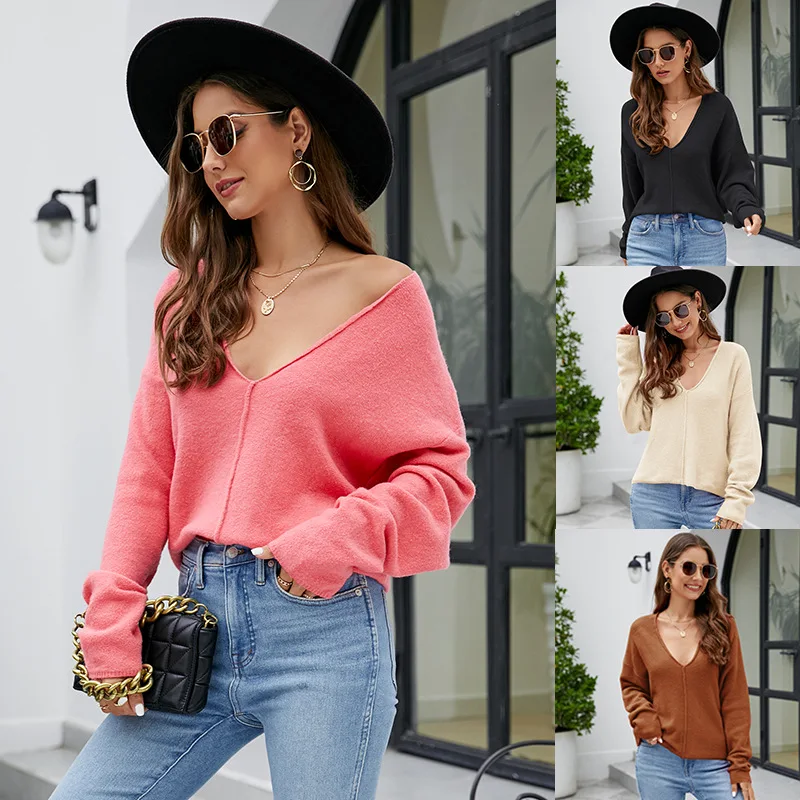 

Women Sweater Knitted Autumn Winter V Neck Pullover 2023 Loose Long Sleeve Warm Knit Tops Sweaters Office Lady Jumpers Elegant