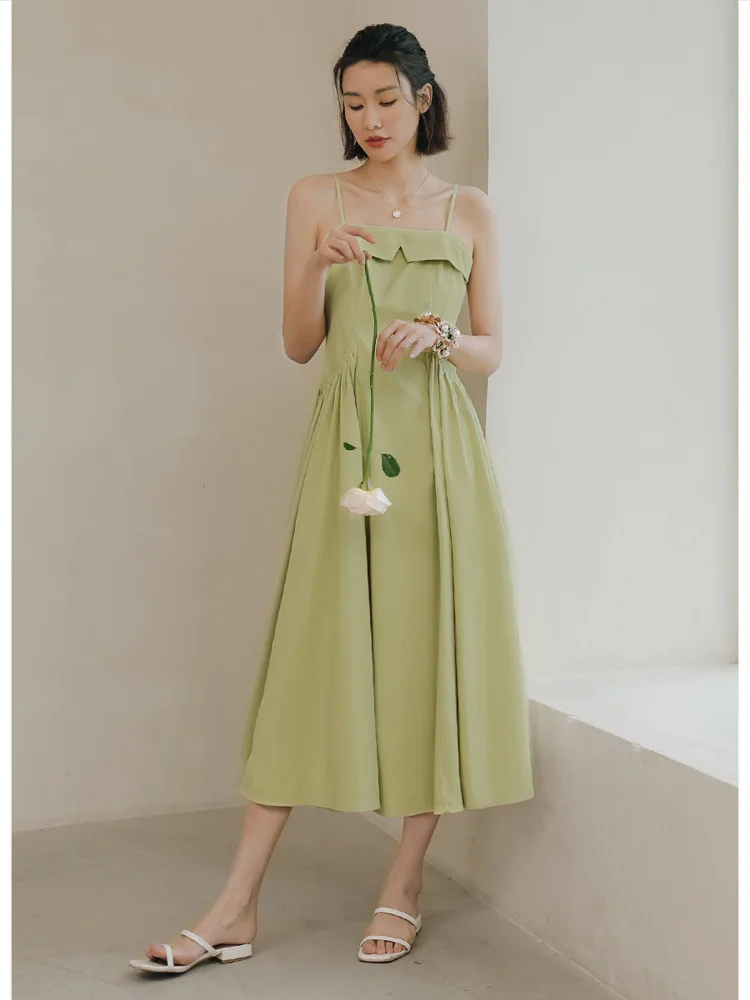

French Skinny Dress with Waist Closed and Green Straight Collar Skirt Slip Dress for Women Summer High Class Tea Break