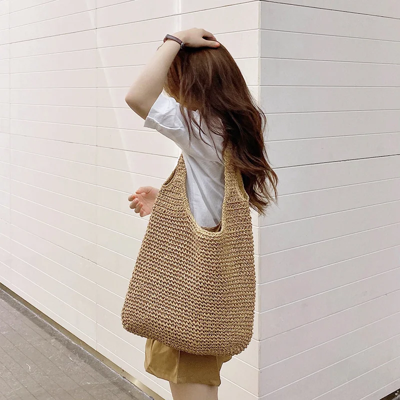 Grass Woven Bag Women's Summer Versatile Casual Shoulder Bag Sen Series Handwoven Bag Large Capacity Beach Bag