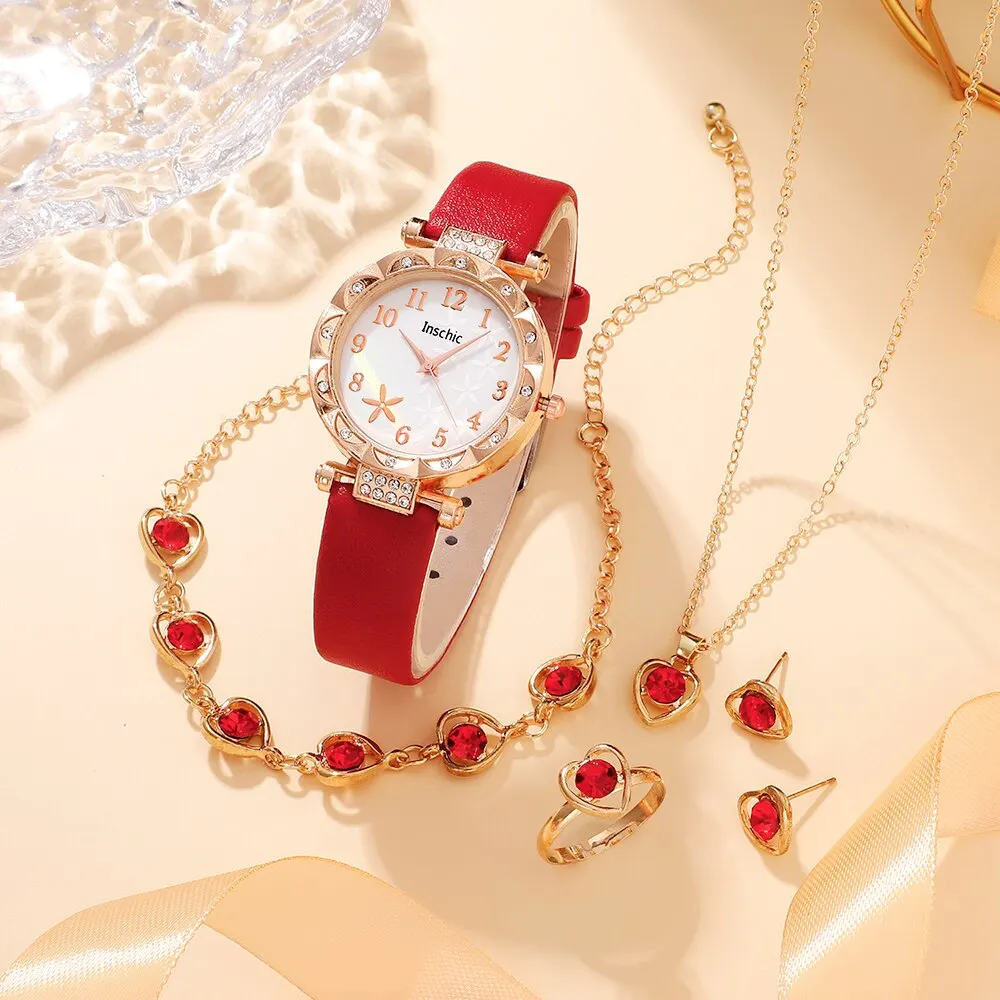 6PCS Set Quartz Watch Women Ring Necklace Earring Rhinestone Wristwatch Bracelet Watches for women watches electronic watch