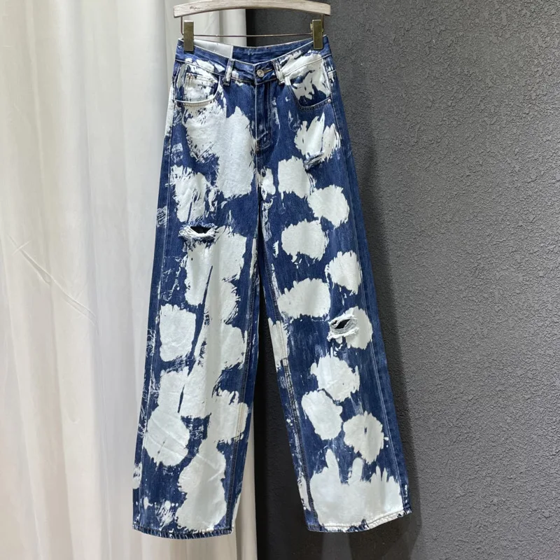 

BORVEMAYS Loose All-match Jeans Spring Summer New High Waist Contrasting Colors Hole Tie Dye Fashion Wide Leg Pants WZ8505