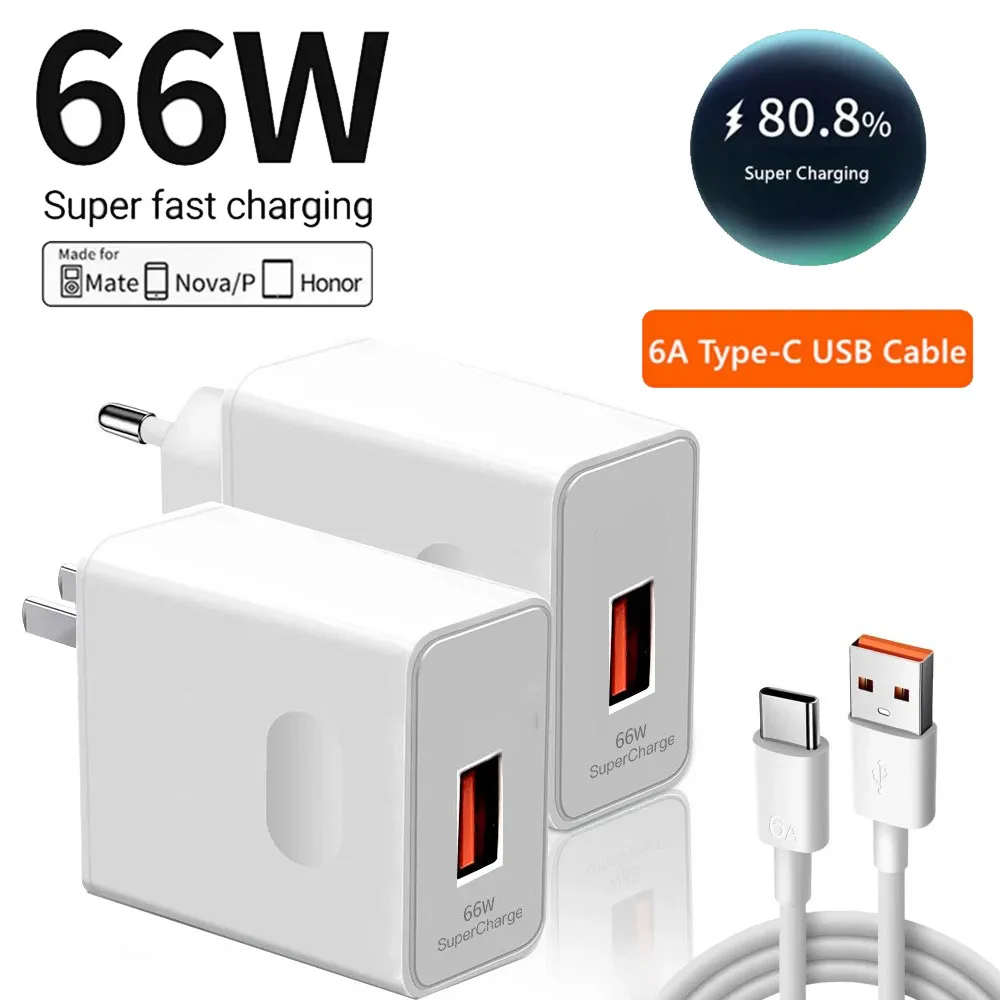 Cargador USB súper rápido de 66W para Huawei Mate 40 50 P50 P60 Nova 10 Honor 90 100 X8b Magic 5 Lite 6 Pro tipo C Cable de carga 6A 1m