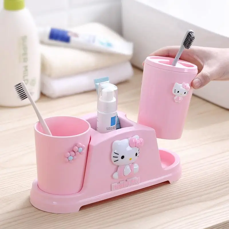 Kawaii Sanrio Hello Kitty Toothbrush Holder Cartoon Plastic Toothbrush Holder Mouthwash Cup Toothpaste Tube Storage Rack
