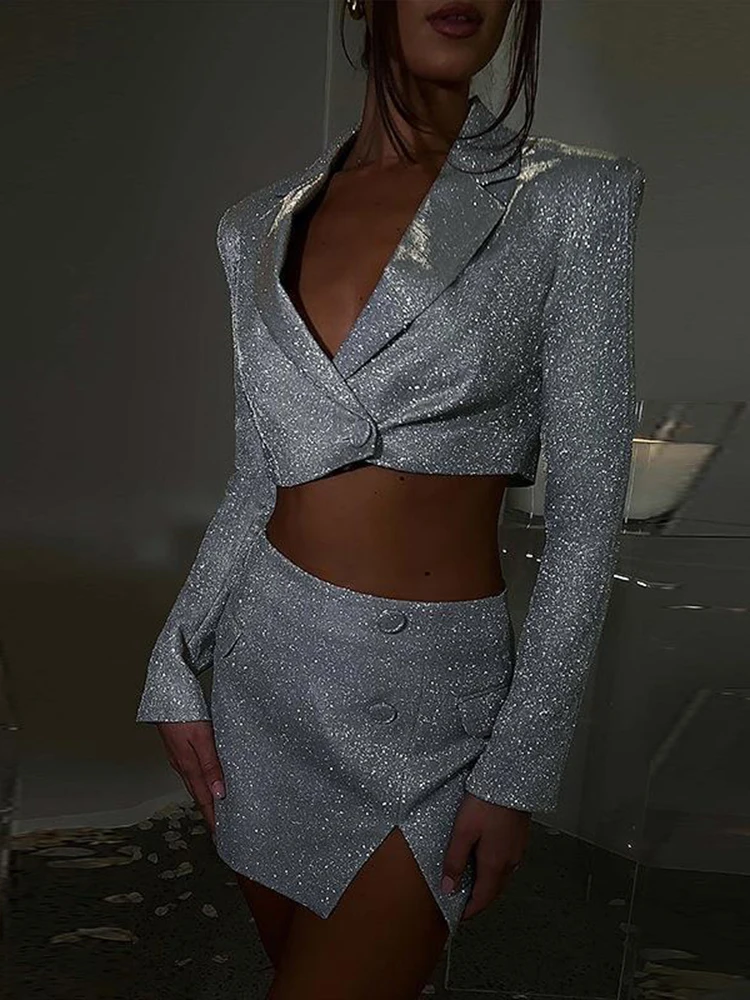 

OMSJ Birthday Party Formal Event Women 2Pcs Glitter Skirt Set 2023 Shoulder Pad Suit Collar Long Sleeve Short Top+Split Bottoms