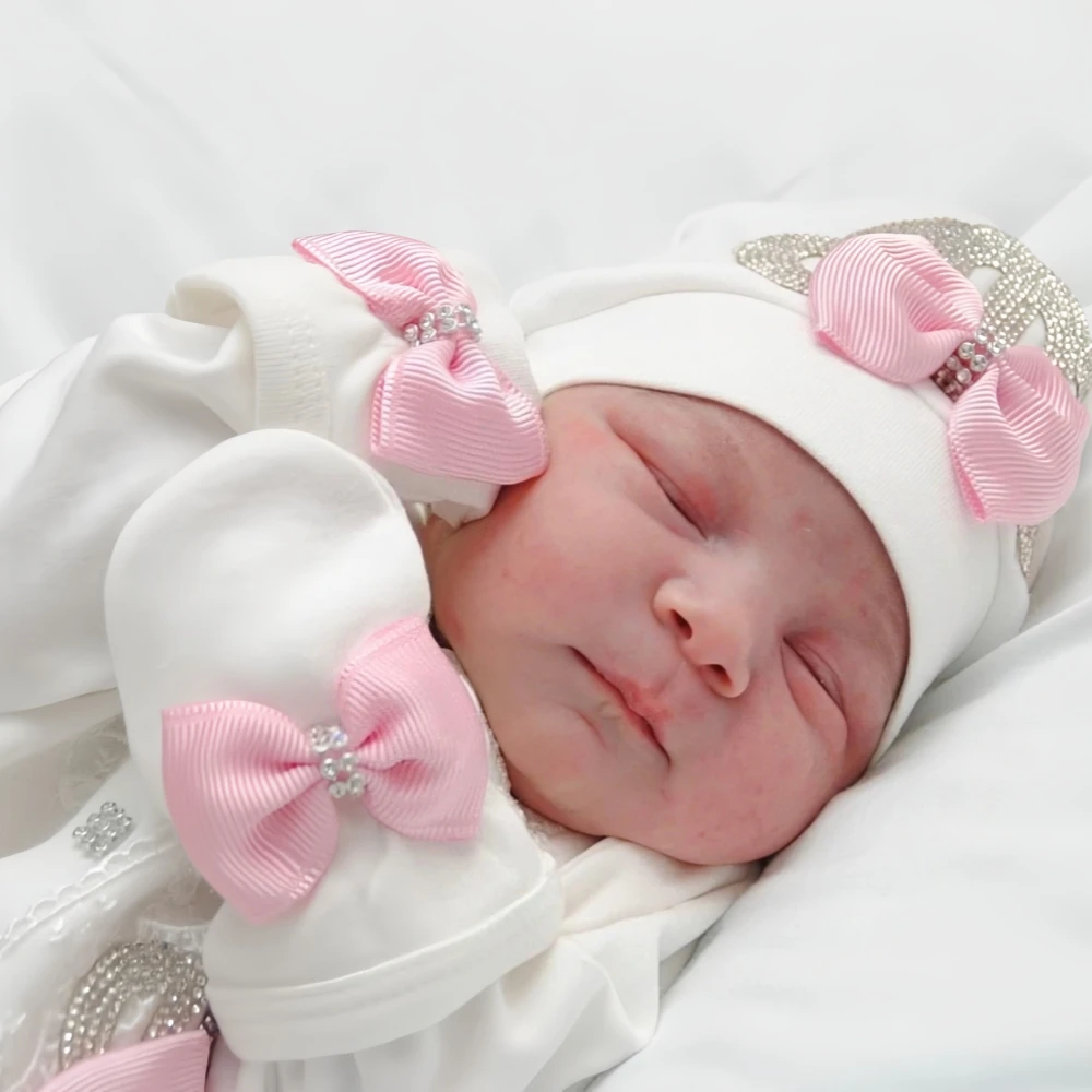 Personalized Light Pink Newborn Welcome Home Outfit Set with Crown Jewelry