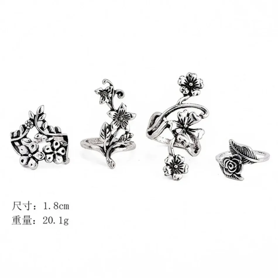 4 Pieces/set Popular Retro Fashion Personalized Engraving Rose Ancient Hollow Flower Vine Leaf Ring Group Jewelry Accessories