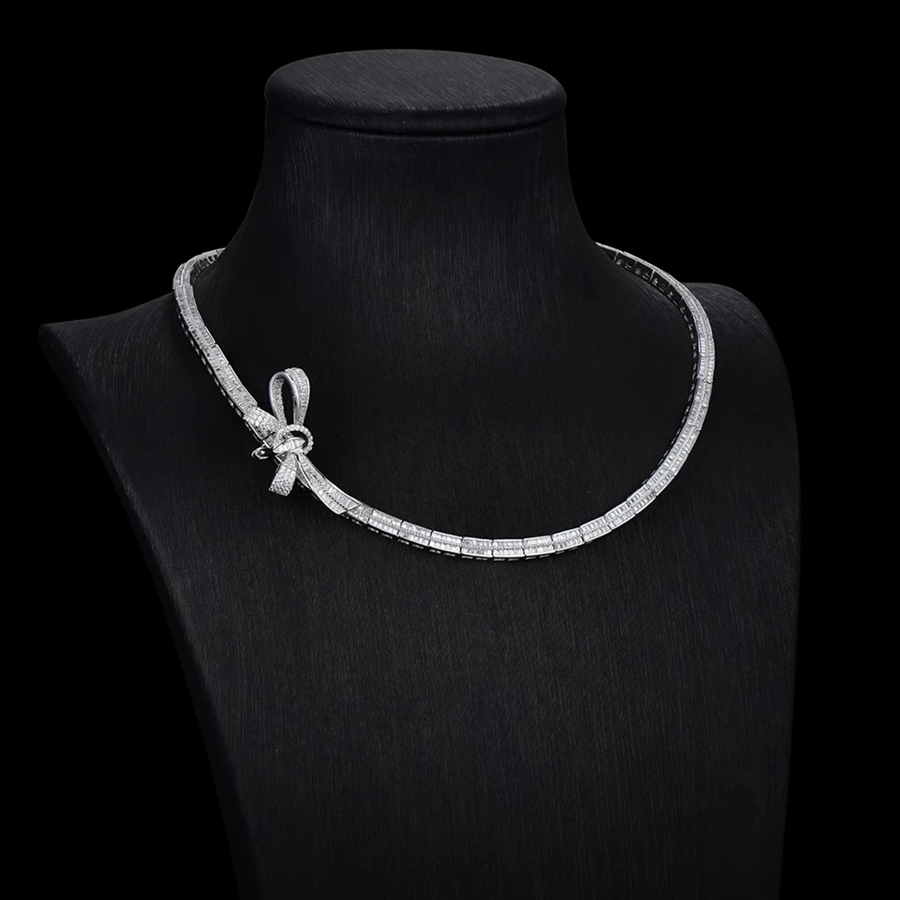 Wong Rain Luxury 925 Sterling Silver Lab Sapphire Gemstone Sparkling Bowknot Charm Chain Necklace Fine Jewelry Anniversary Gifts