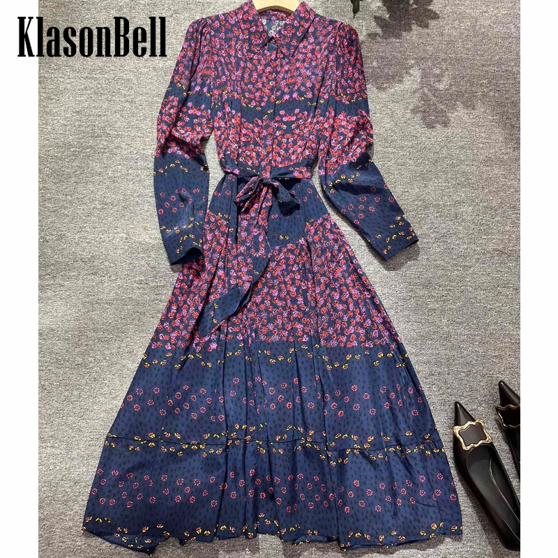 

4.4 KlasonBell Elegant Vintage Print Long Sleeve Silk Shirt Dress Women's Classic Lapel Collar Sashes Pleated Maxi Dress