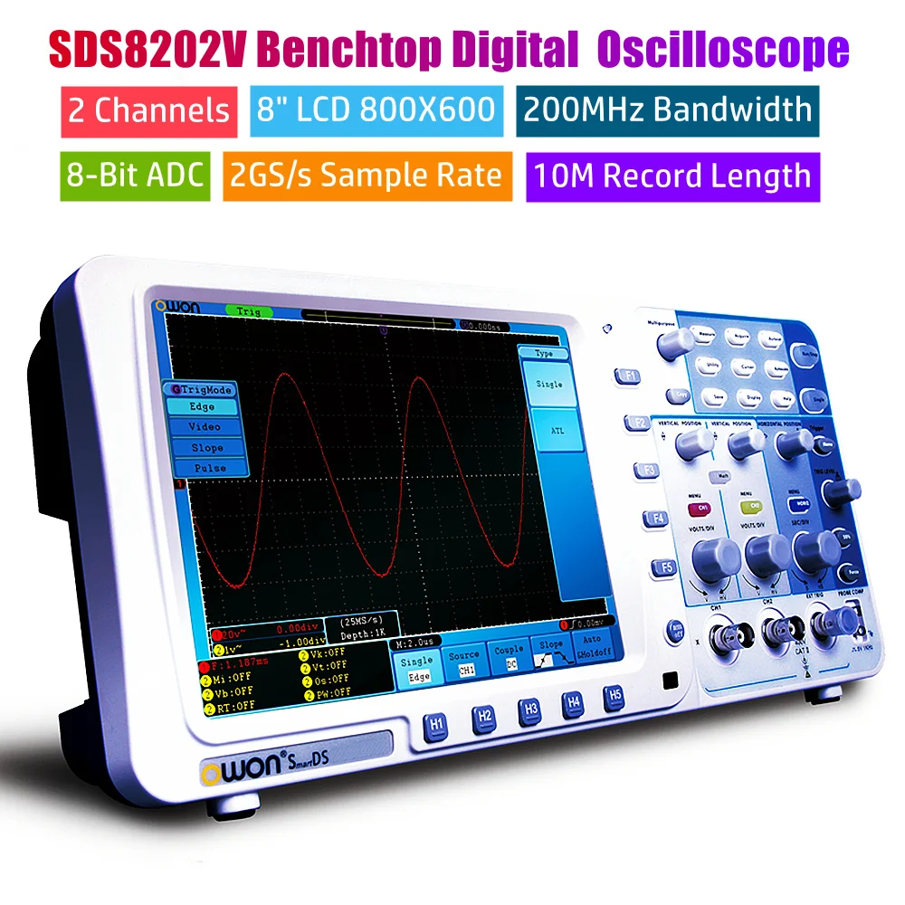 

Высокоточный цифровой осциллограф OWON SDS8202V, полоса пропускания 200 МГц, двухканальный осциллограф с ЖК-дисплеем 2 ГГц/с и длиной записи 10 м 8 дюймов