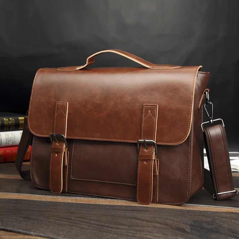 Vintage PU Leather Men Briefcases Business File Document Handbag Luxury Laptop Bag Large Capacity Male Shoulder Messenger Bags