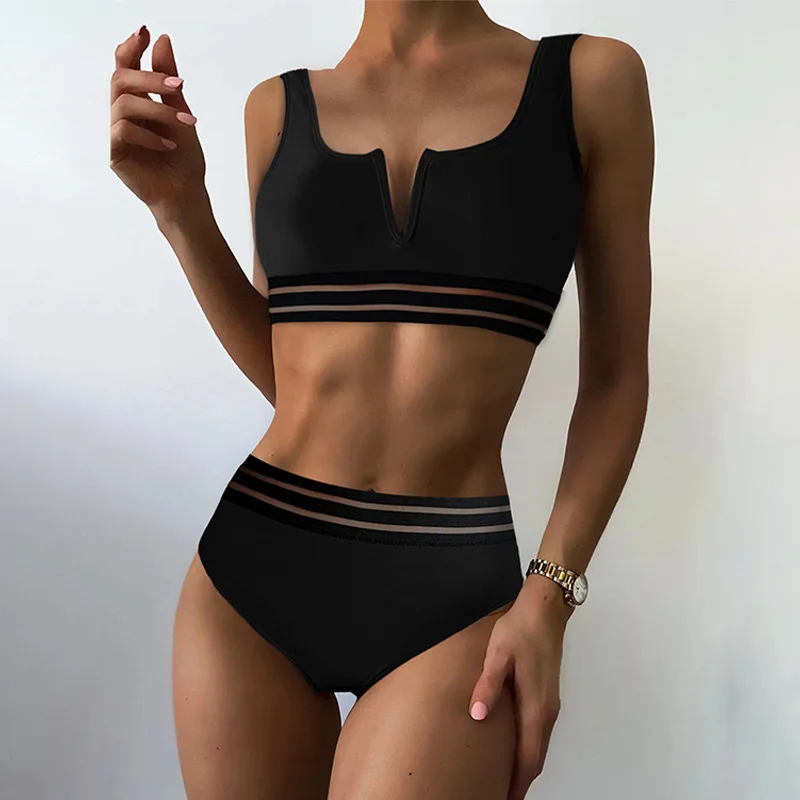 New Swimsuit Women's Split Triangle High Waist Black Ins Style Beach Bikini With Chest Padding Biquíni